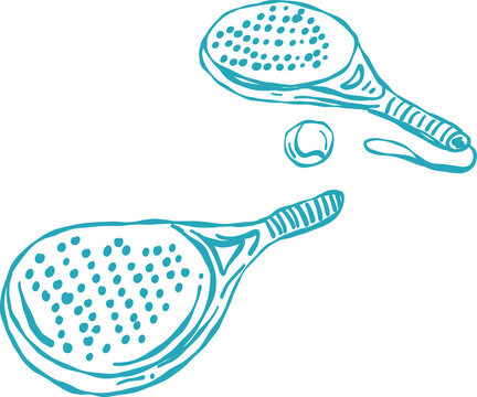 Hand drawn illustration of two padel tennis rackets and a ball with a turquoise outline on a white background representing sports and recreation