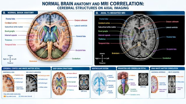 Professional medical infographic illustrating normal brain anatomy and axial T1-weighted MRI correlation, featuring cerebral structures, ventricles, brainstem, cerebellum, realistic textbook-style vis