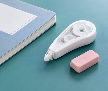 Correction tape and a small eraser beside a closed workbook on a desk