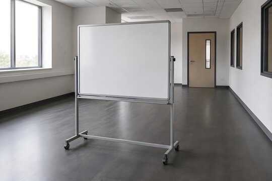 Portable whiteboard on castor wheels standing in an empty study room with white melamine face in a grey frame