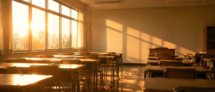 An empty tuition classroom lit by warm late afternoon light with bare desks and a blank wall in golden amber wash