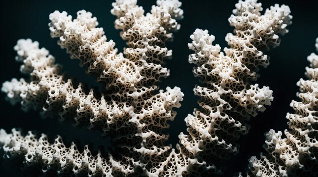 Bleached coral skeleton macro view reveals intricate porous calcium structure. Dead marine life shows fragility from ocean warming and climate impact.