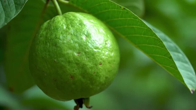 Fresh green guava fruit hanging on tree branch. 4K Video