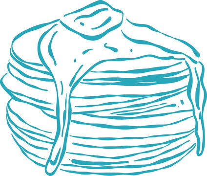 Hand drawn illustration of a stack of pancakes with syrup pouring over the top rendered in a simple clean line art style with a teal color palette.