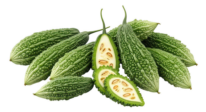 Fresh bitter melon vegetables with sliced halves on a white background bitter gourd balsam pear