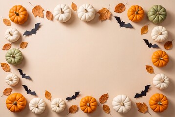 Fototapeta premium Halloween Frame with Pumpkins, Leaves, and Bats on a Beige Background.