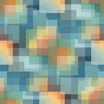 Abstract pattern of overlapping translucent squares in warm and cool tones.