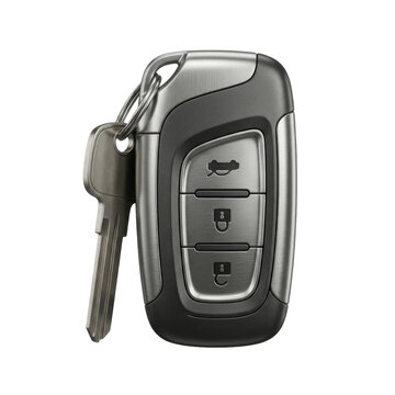 Photo-realistic 3D render of a modern automotive car key and remote fob on a black background