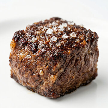 A perfectly seared cube of beef steak topped with coarse sea salt crystals.