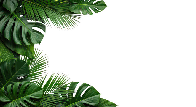Tropical monstera and palm leaves corner frame on white background with leaf corner