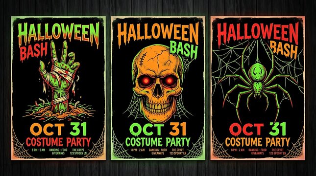 Set of three vintage style Halloween bash costume party posters featuring zombie hand, skull, and spider