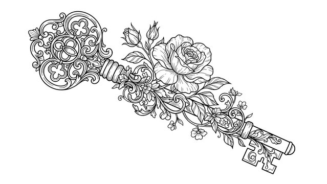 Vintage ornate skeleton key decorated with beautiful blooming rose flowers and floral vines