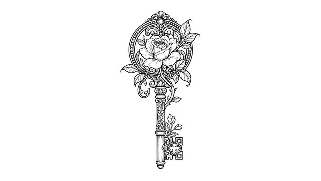Intricate vintage key illustration with a blooming rose and ornate decorative floral elements