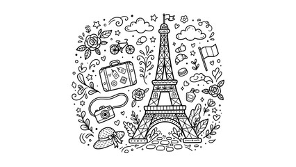 Doodle illustration of eiffel tower and travel icons for paris vacation themed design © Tanmoy