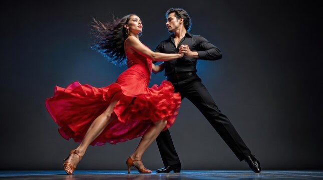 Couple dancing with passion in a red dress and black suit, dramatic studio lighting.