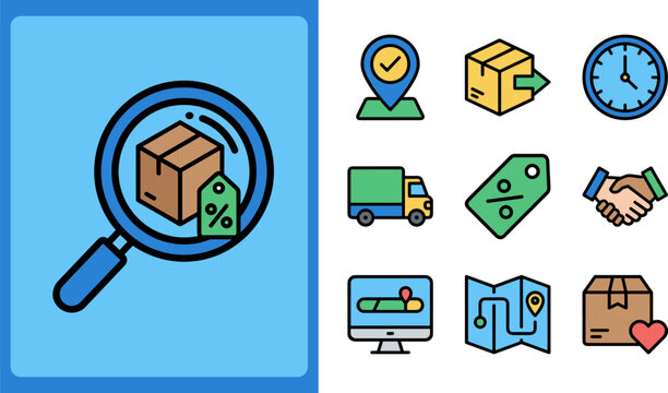 Flat design icon set for order tracking, delivery, and e-commerce, with magnifying glass and package