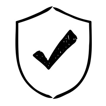 A simple black hand-drawn line-art doodle of a protection shield with a bold checkmark in the center, isolated on a white background.&nbsp; 