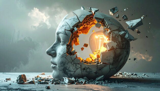 Exploding Head Sculpture Symbolizing Mental Breakdown and Cognitive Overload.