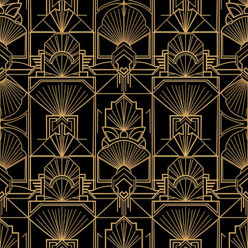 Elegant Art Deco geometric pattern with golden lines and intricate motifs.