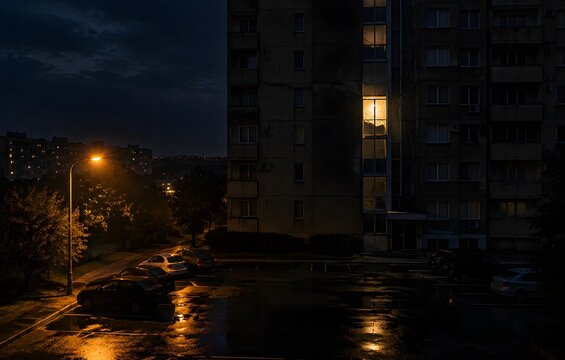 Single lit stairwell window glowing in a dark concrete apartment tower above a wet asphalt car park