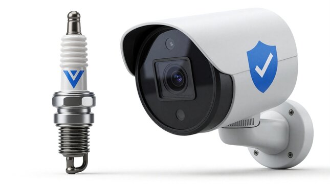 Spark plug with blue V logo, security camera featuring blue shield symbol on white background. Concept for auto security, vehicle safety, protective engine parts. Represents reliability, safeguarding