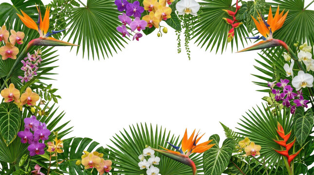 Exotic tropical flower and foliage frame with bird of paradise and orchids