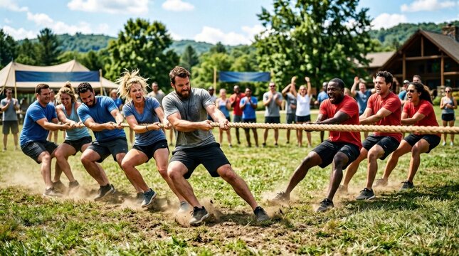 Outdoor tug of war competition with diverse teams pulling rope, showing effort and teamwork.