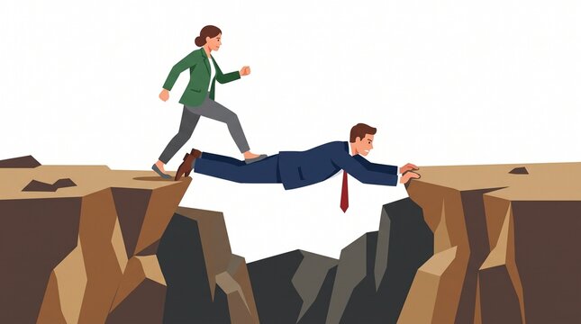 Businesswoman walking over a businessman forming a bridge across a cliff gap