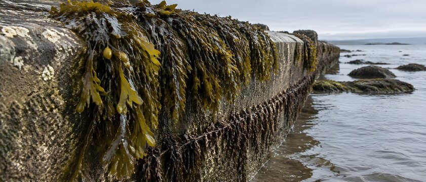 Thick mat of bladderwrack clinging to a sea worn concrete causeway block at half tide