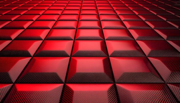 Red Carbon Fiber Grid Pattern with 3D Square Tiles in Perspective View