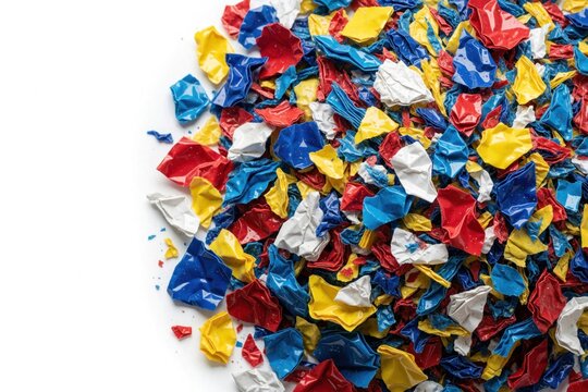 Pile of colorful crushed plastic pieces, sorted by color. These recycled materials await reprocessing into new products, symbolizing sustainability and waste reduction.
