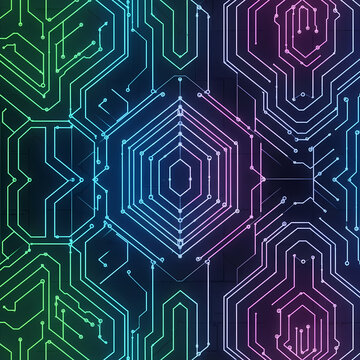 Intricate glowing digital network pattern with central hexagonal structure.