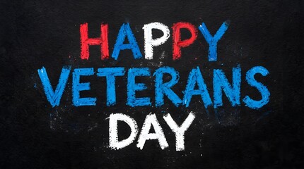 Fototapeta premium Happy veterans day text written with red, white, and blue chalk on a black chalkboard background