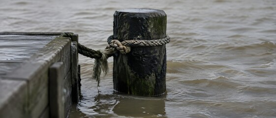Fototapeta premium Single mooring post on a flooded pier with tarred timber piling awash in brown water and a frayed loop