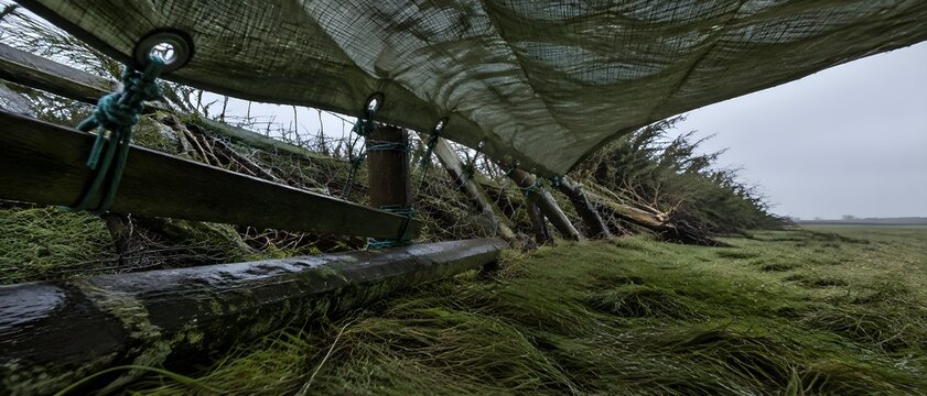 Holed tarp lashed over collapsed fence rails beside a storm snapped windbreak