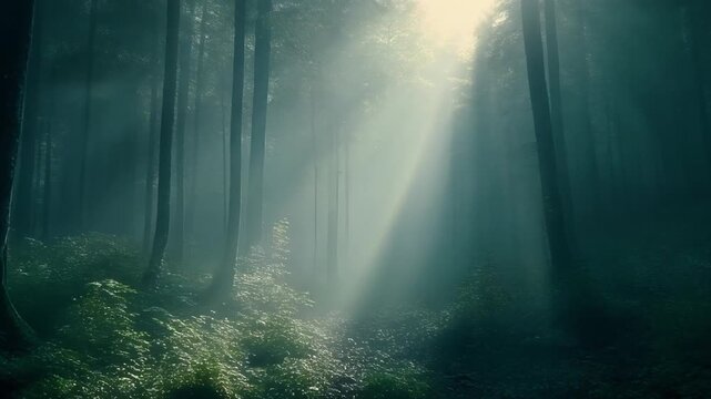 Majestic sunbeams piercing through thick morning mist illuminating green undergrowth in a dark forest
