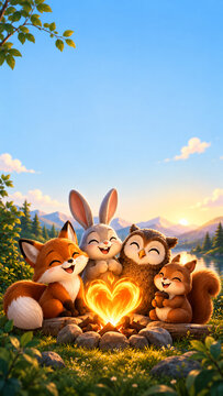 Happy World Animal Day Poster With Cute Animals And Campfire