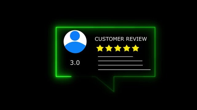Glowing neon Rating 3 stars icon animation. animation customer review concept, character giving three star feedback on neon rectangle. black background