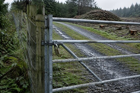 Twin track gravel lane ending at a padlocked gate on a forestry boundary