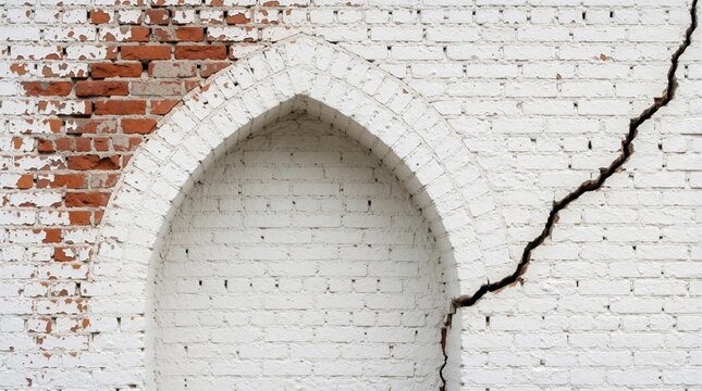 Cracked white brick wall with arched recess and peeling paint texture. A large crack splits the wall surface near the recess showing brickwork underneath.