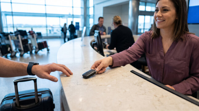 Friendly car rental agent handing over keys to a customer at a busy airport service counter
