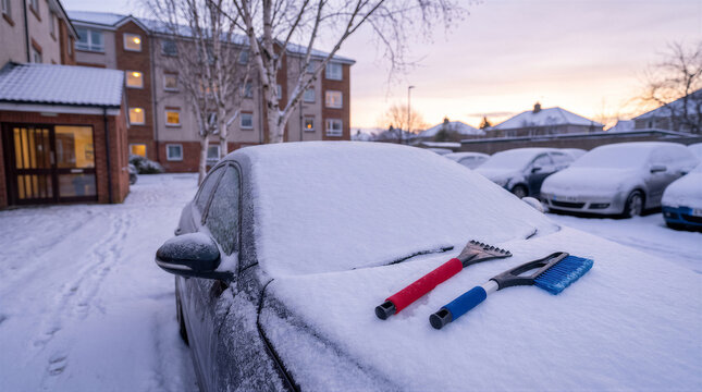Ice scrapers and snow brush on a snowcovered car hood in a residential parking area during a cold winter morning