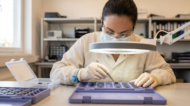 Technician in a laboratory wearing protective gear using tweezers to handle small electronic components in a tray