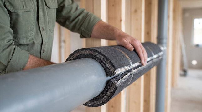 Construction worker installing soundproof insulation on a grey plastic drainage pipe in a wooden frame house