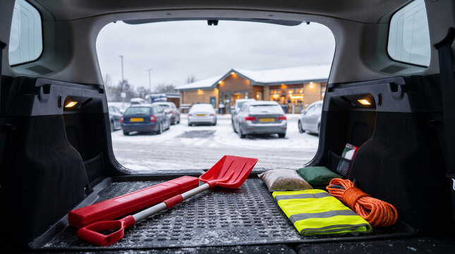 Winter emergency car kit with shovel, high visibility vest, and rope in the trunk of a car parked in a snowy parking lot