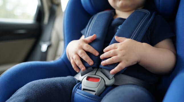 Closeup of a baby sitting in a blue car seat with safety harness buckled securely