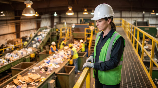 Female supervisor in hard hat and safety vest overseeing workers at a recycling facility sorting waste on a conveyor belt
