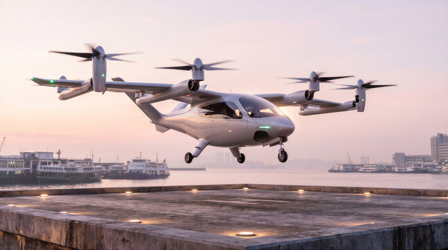 Modern electric vtol aircraft landing on a helipad at sunset over a harbor with ships in the background