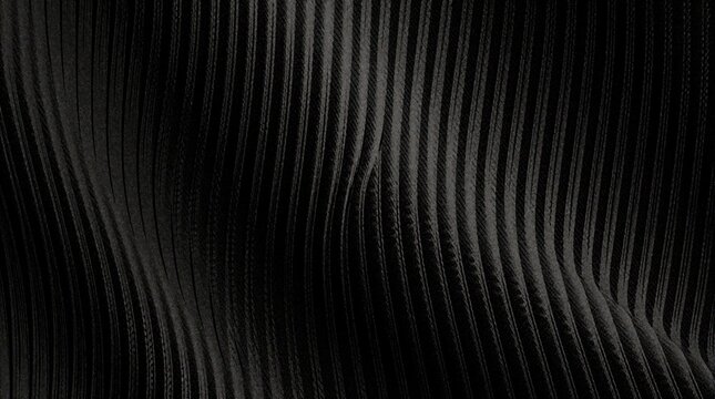 Abstract black textile with vertical ribbed texture. Wavy fabric folds create dynamic lines and shadows. Dark moody pattern suitable for graphic design backgrounds.