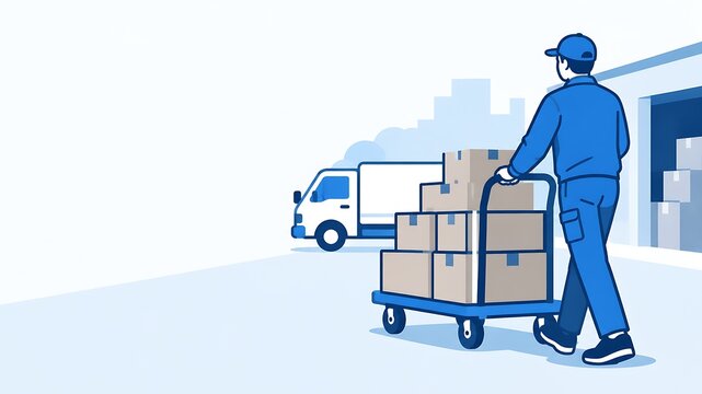 物流倉庫から配送トラックまで荷物を運ぶ作業員｜段ボール箱、台車、輸送、出荷、配送